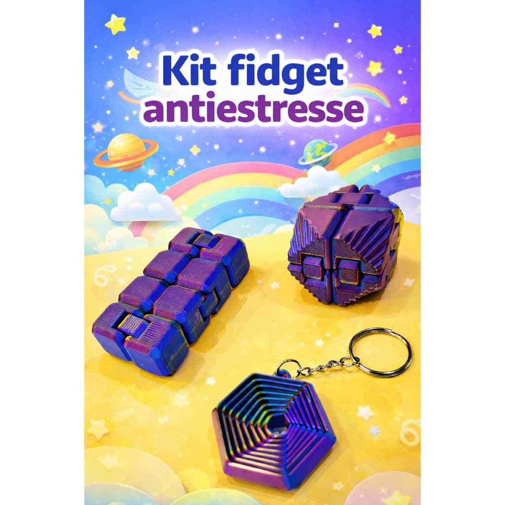 Kit Fidget Antiestresse 3 Peças | Cubo Infinito + Fidget Cube + Chaveiro Sensorial | Alívio do Estresse e Foco