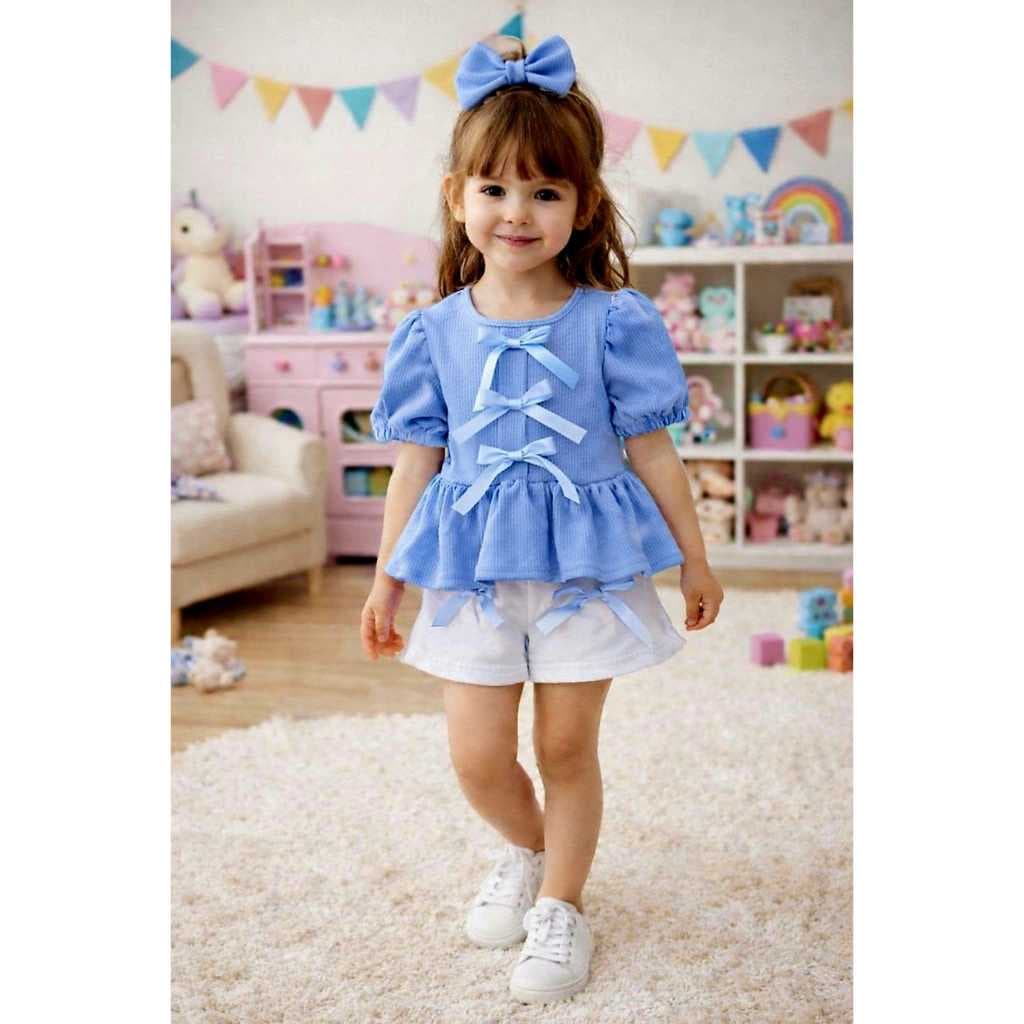 Conjunto Infantil Menina Laço Short Saia com Blusa Rosa e Azul