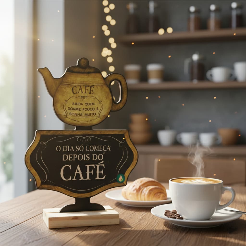 decoração enfeite para mesa - O dia só começa depois do café, Cantinho do café - MDF e base de pinos