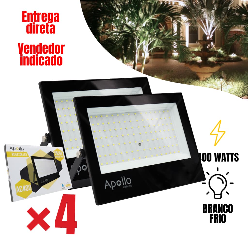 Kit 4 Refletor Led 400w Branco Frio 6500k IP67 Bivolt Luminária Projetor À Prova Da Água Externo