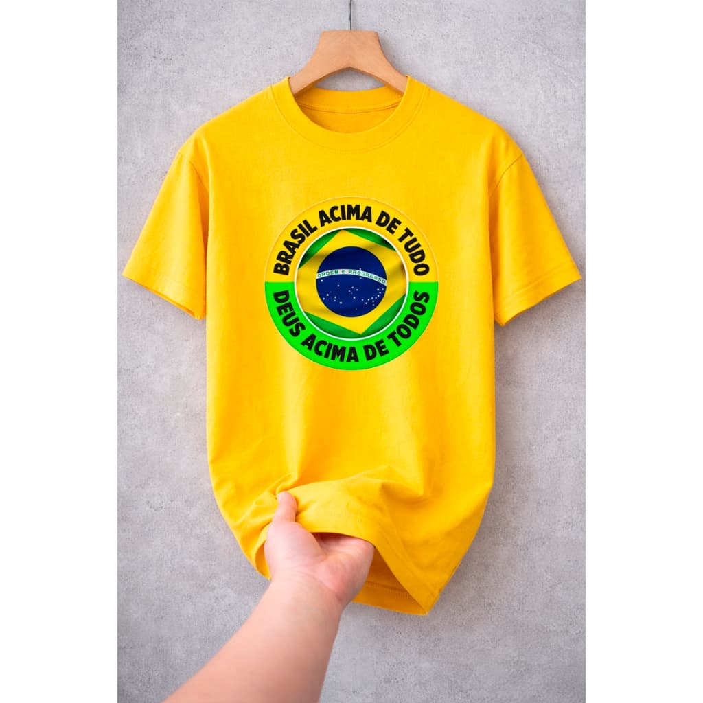 Camiseta Brasil Acima de Tudo Deus Acima de Todos Patriota Unissex Algodão Estampa Premium