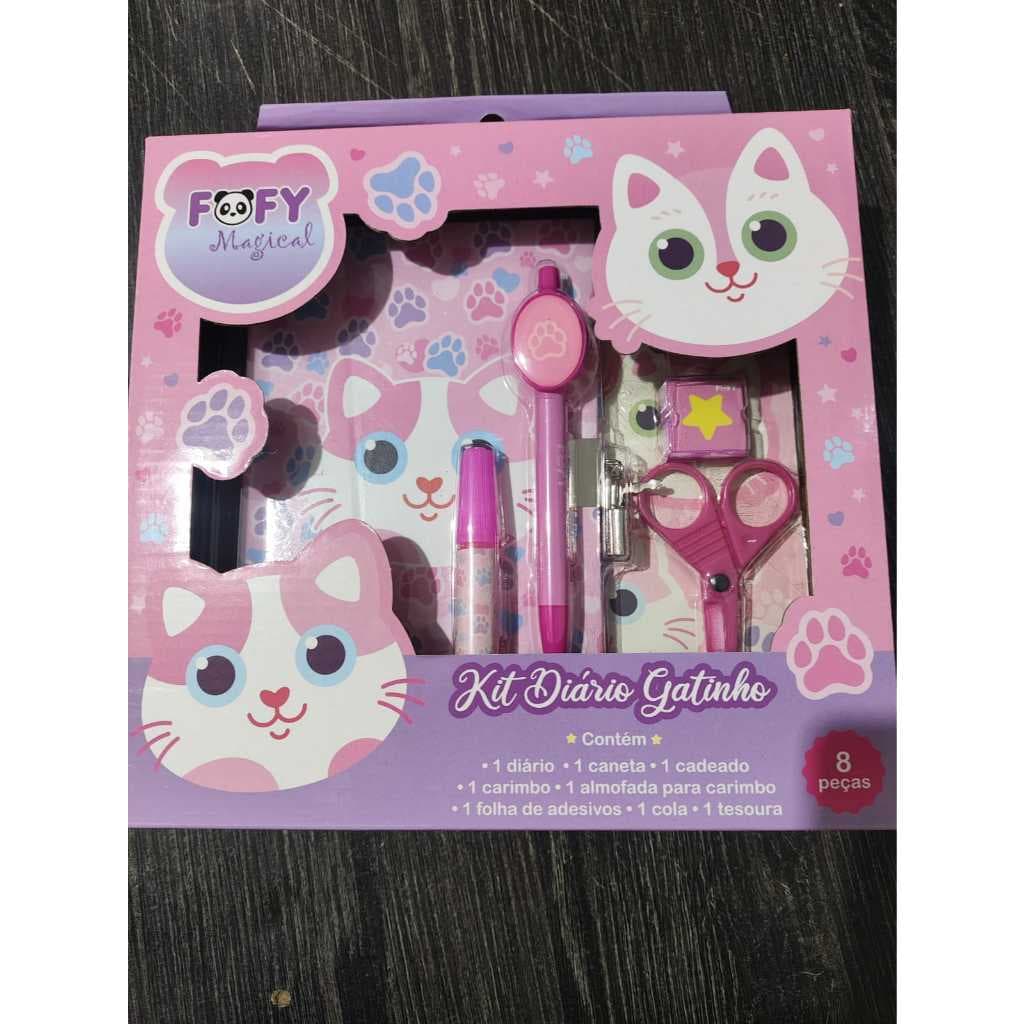 Kit Diário Gatinho FOFOY 8 Peças com Cadeado + Caneta + Carimbo + Tesoura + Cola + Adesivos