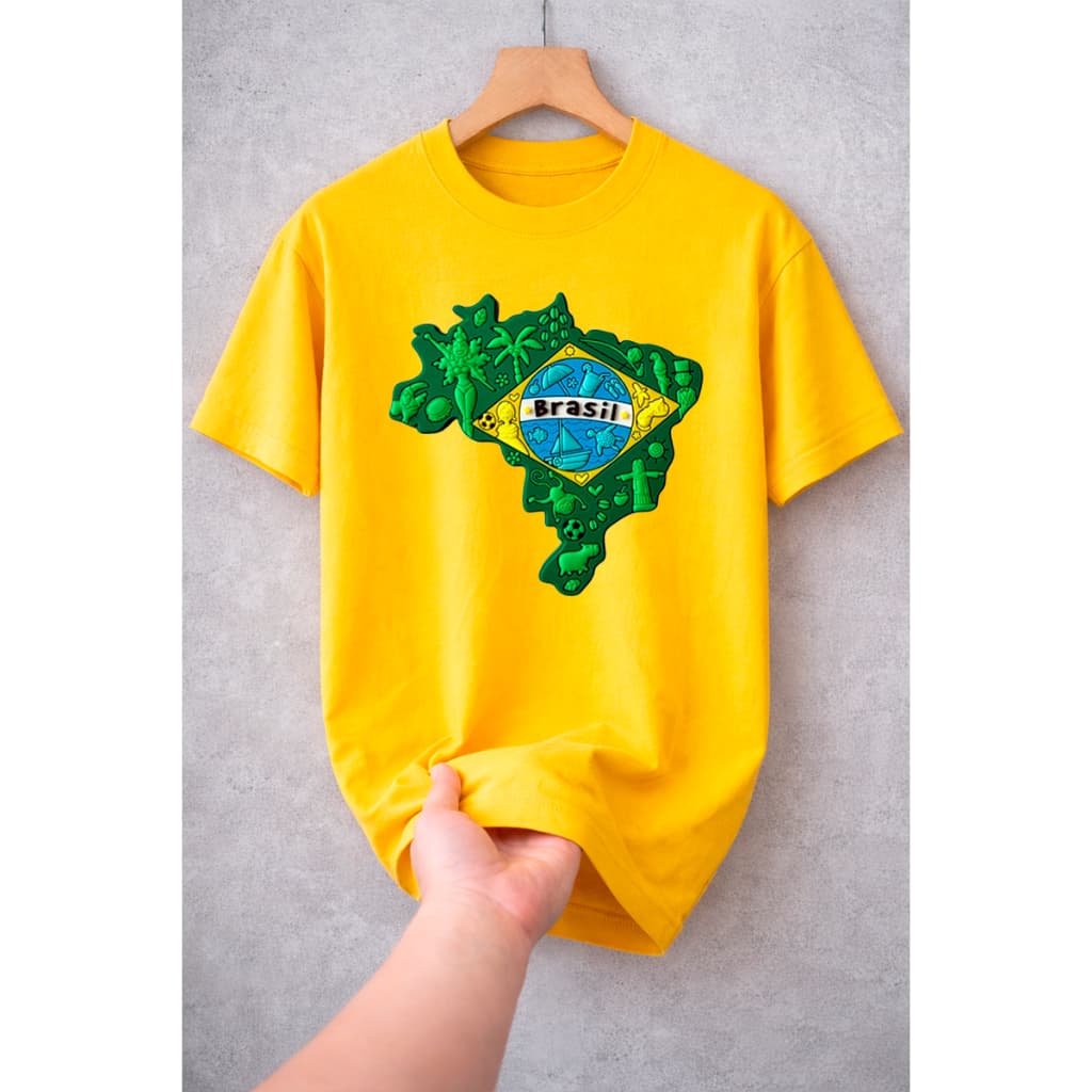 Camiseta Brasil Mapa Verde Amarelo Patriótica Unissex Algodão Estampa Premium