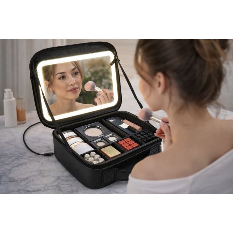 Necessaire Organizadora com Espelho LED Portátil USB – Estojo de Maquiagem Feminino com Divisórias