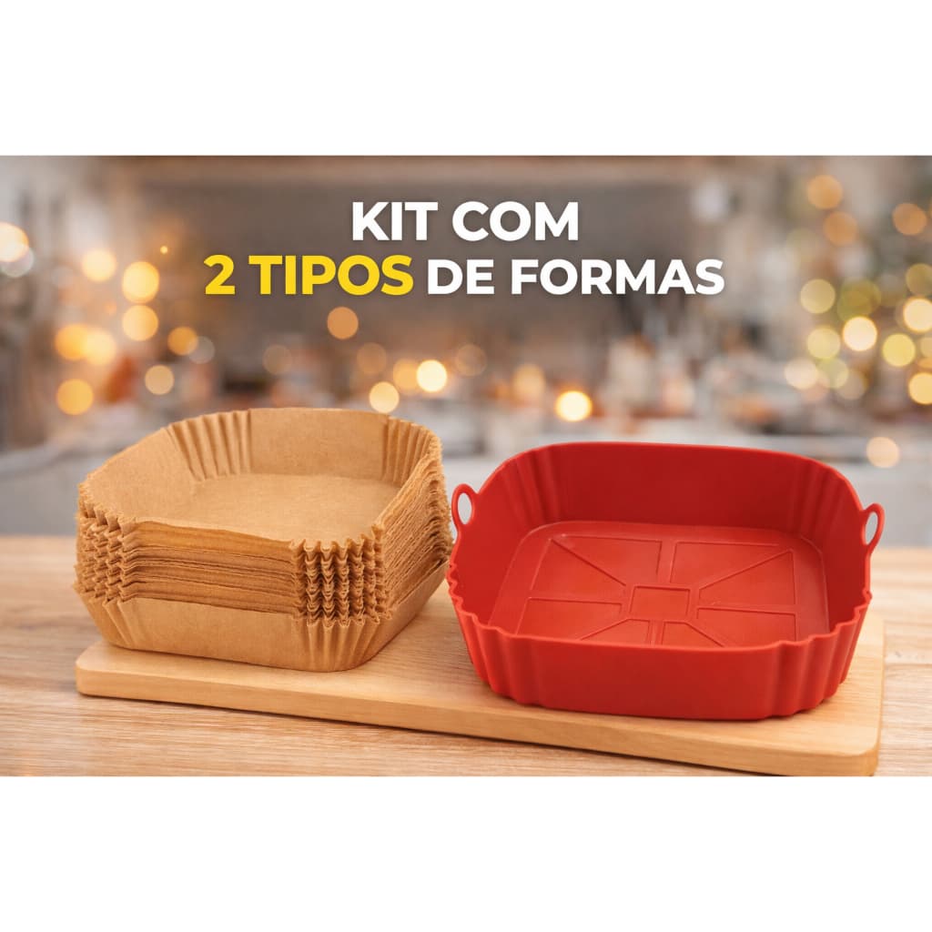 Kit Air Fryer Prático 2 em 1 – Forma de Silicone + Forma de Papel Descartável