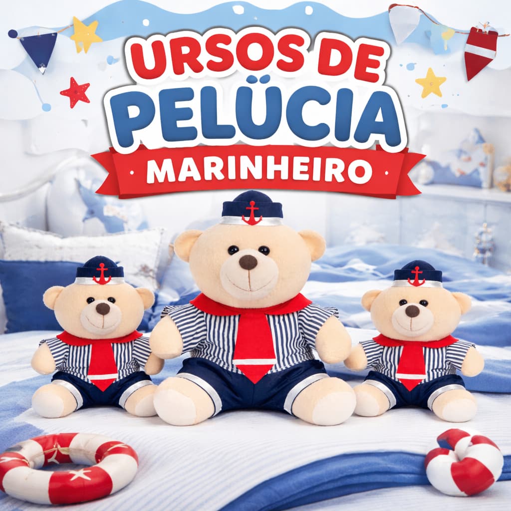 Kit Ursos de Pelúcia Marinheiro – Trio Decorativo Infantil para Quarto Bebê