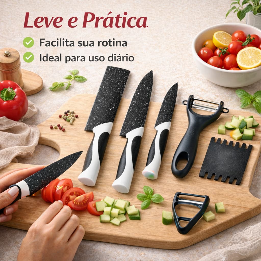 Kit de Facas 5 Peças Inox Antiaderente – Faca Chef, Multiuso, Descascador e Acessórios IMEDIATO