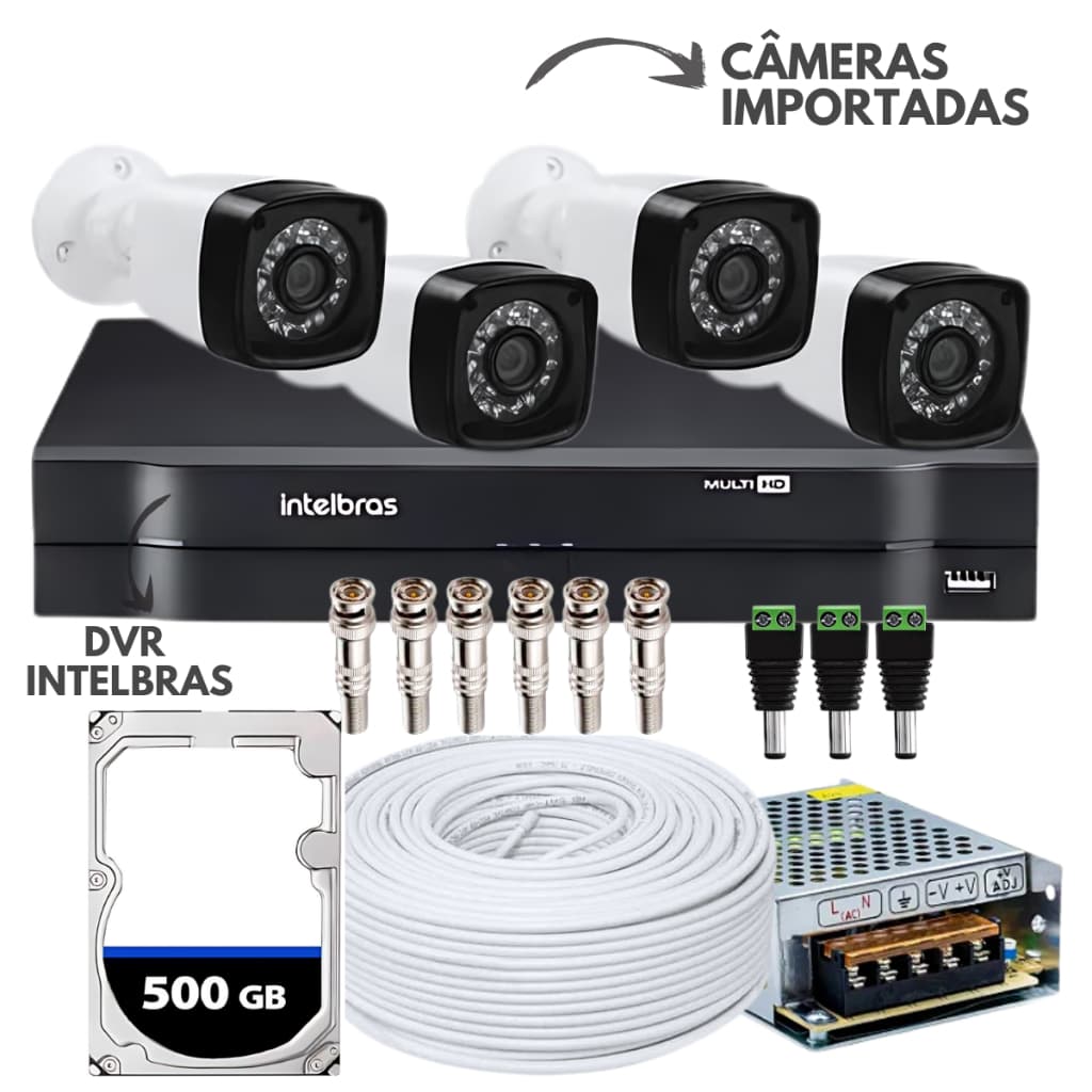 Kit Cftv Completo 4 Cameras de Segurança 720p Full Hd Dvr Intelbras Dvr 4 Canais + Hd 500gb