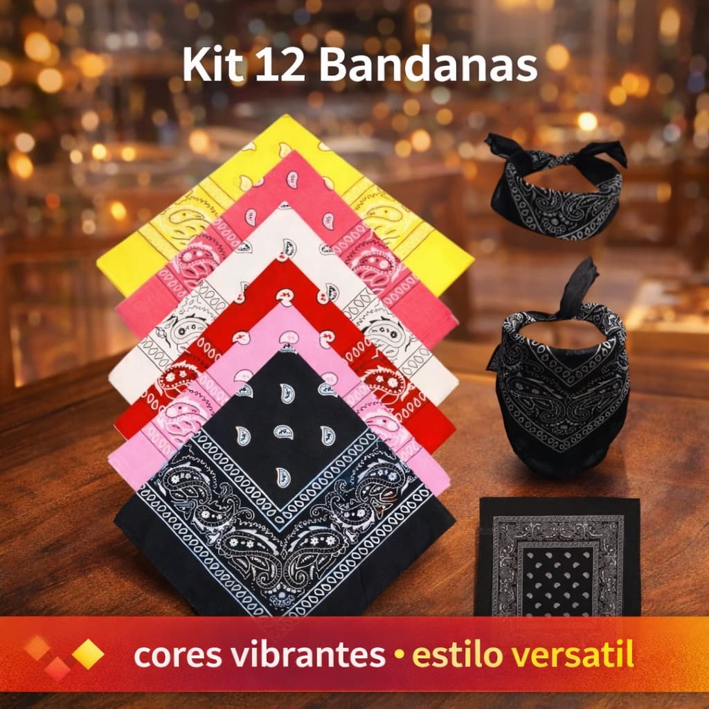 Kit 12 Bandanas Lenço estampado Rock 50x50 - Cores sortidas