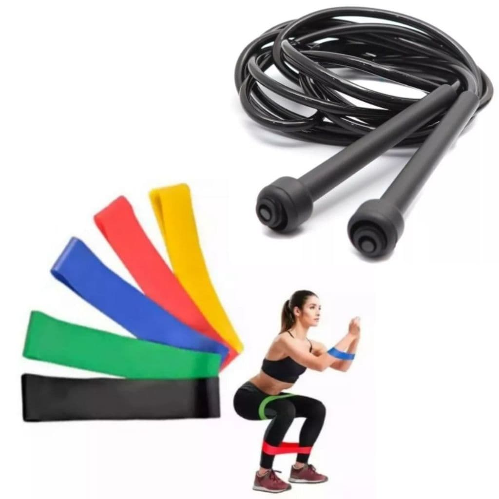 Kit 5 Mini Band Faixa Elástica 1 Corda de Pular Funcional Fitness