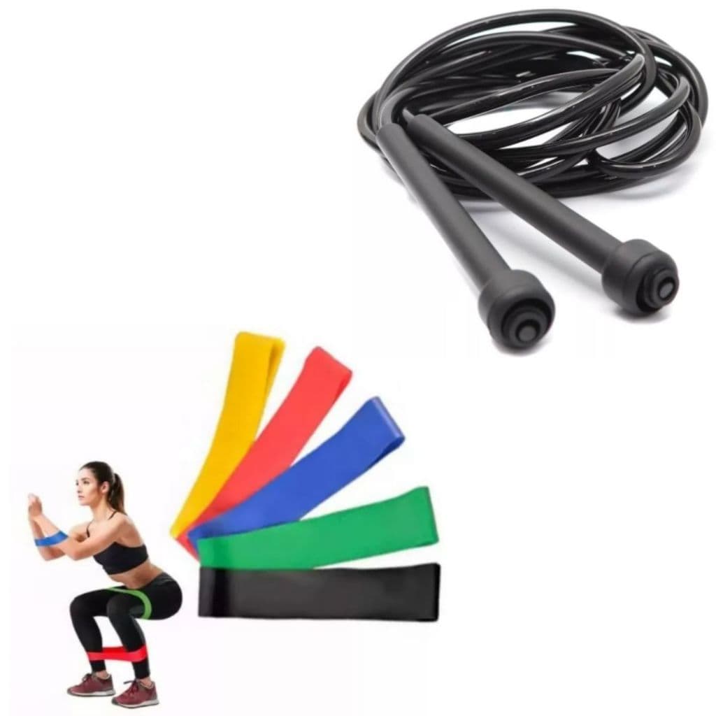 Kit Treino 1 Corda de Pular + Kit com 5 Elasticos Mini Bands