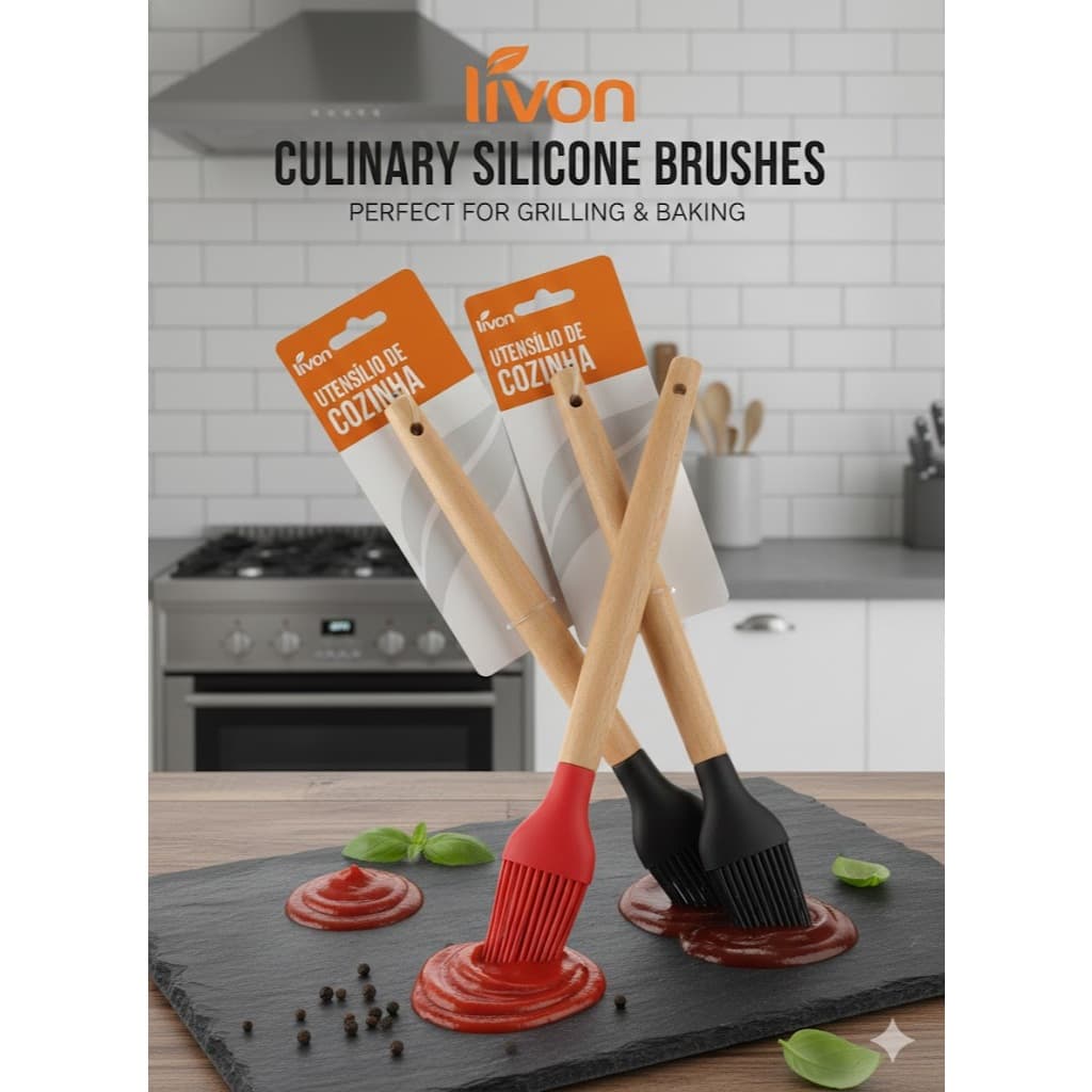 Pincel Culinário de Silicone Para Bolos Carnes e Massas Vermelho e cabo madeirado