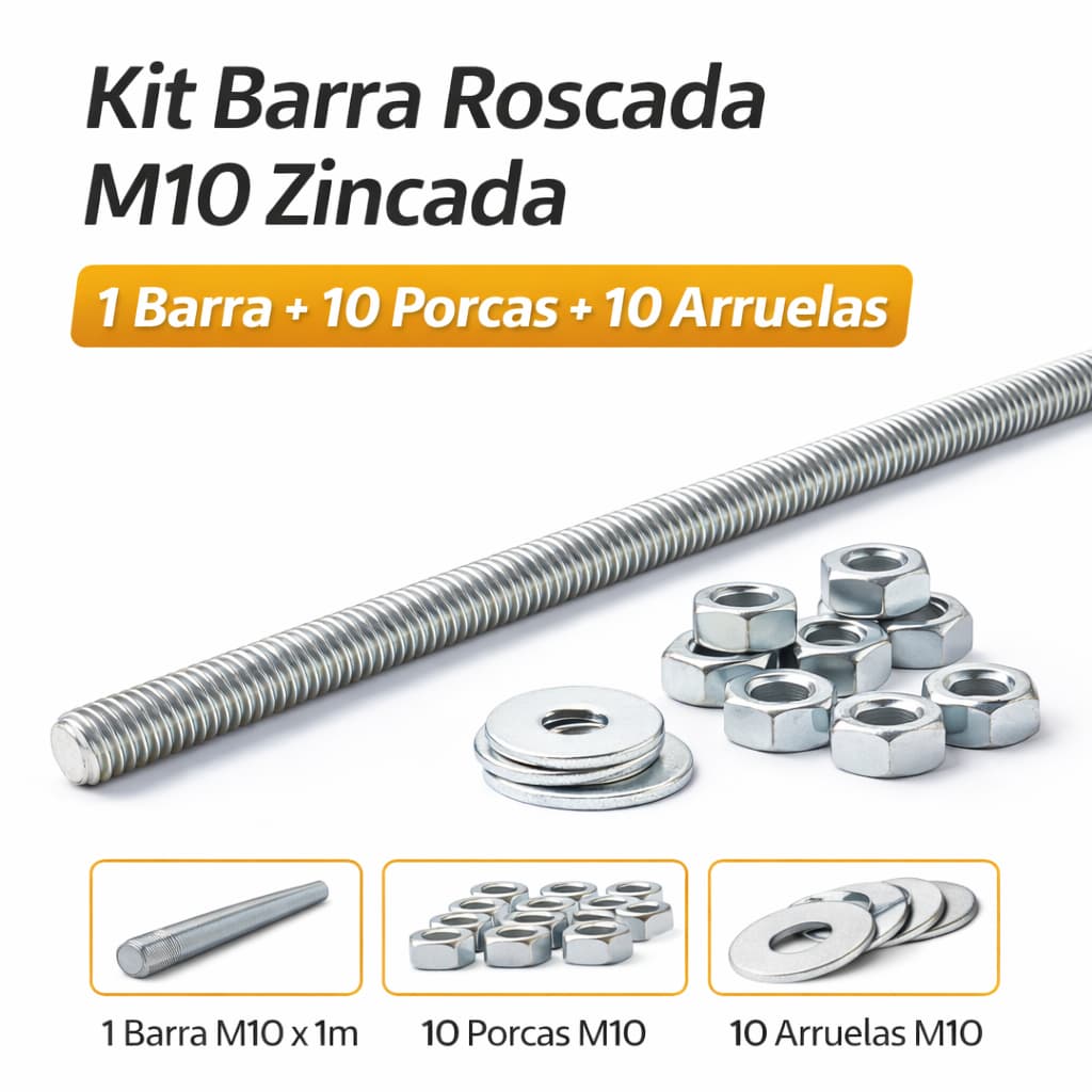 Barra Roscada M10x1m Rosca MA 1,50 Aço Carbono Zincado + 10 Porcas + 10 Arruelas – Kit 21 Peças