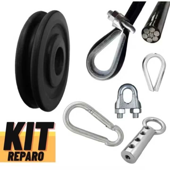 Kit Reparo Aparelho Academia Roldana Cabo 5m 6mm Grampo Sapatilha Mosquetão Terminal