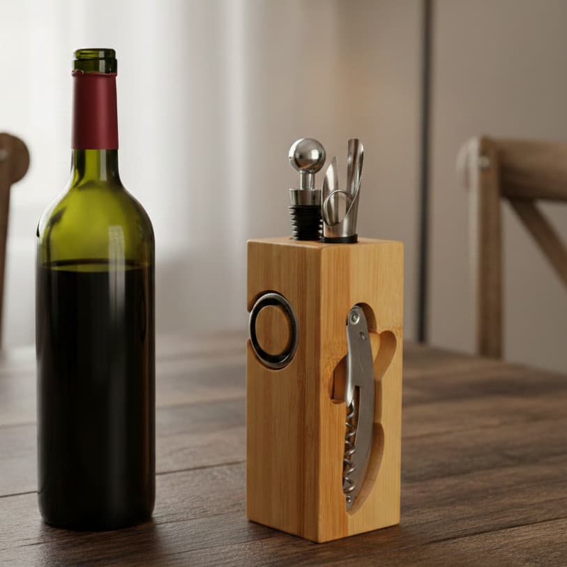 Kit Acessórios para Vinho em Inox com Suporte em Bambu 6 Peças
