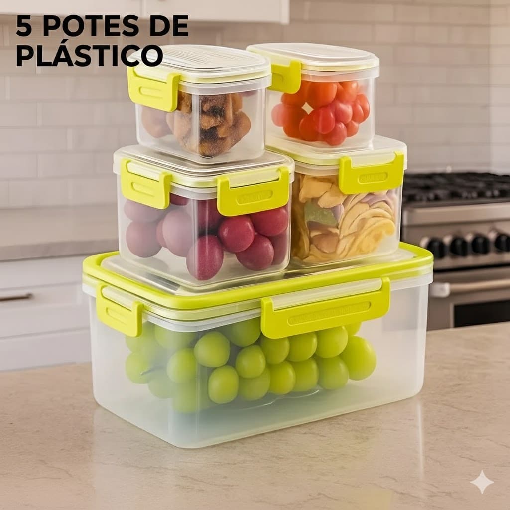 Kit 5 Potes Plásticos Com Tampa Organizador Cozinha Durável Prático