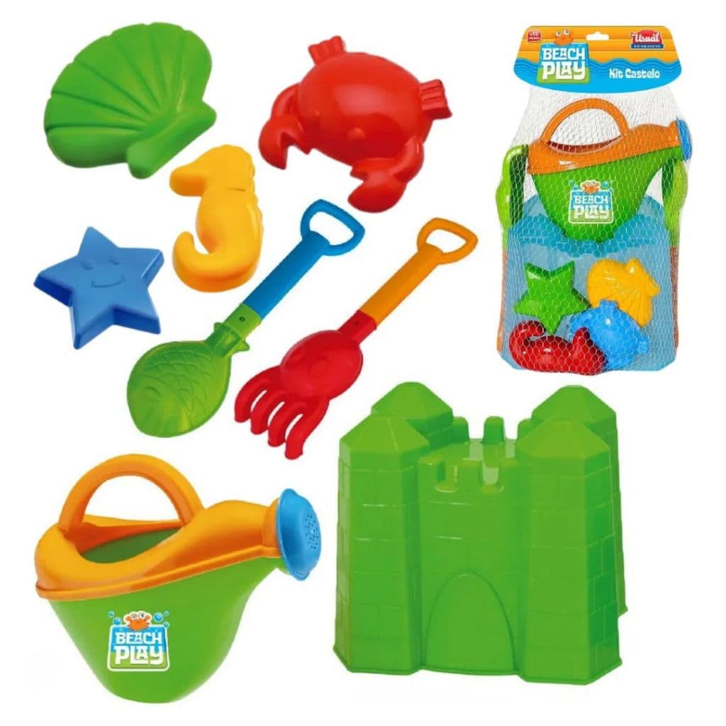 Kit Baldinho Praia Castelo com Pá Rastelo Regador Formas com Desenhos do Mar de 8 ou 7 peças.
