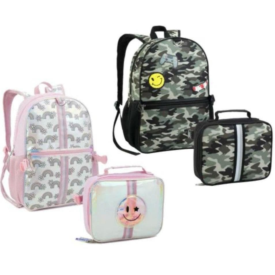 Kit ( Mochila + Lancheira ) Escolar de Costas Camuflado ou Rosa Menina Ou Menino//s