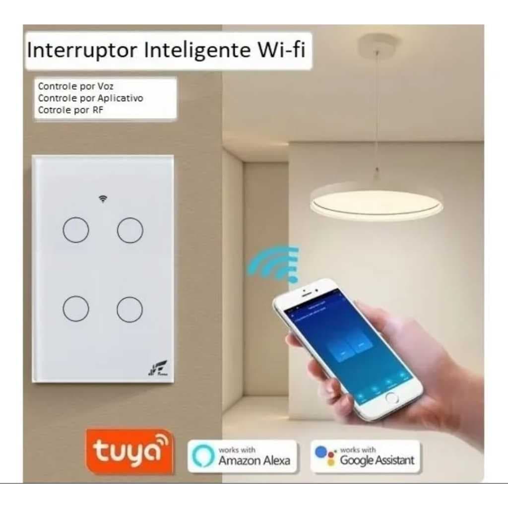 Interruptor Inteligente WiFi Touch 4 Botões | Alexa Google Assistente RF App Celular
