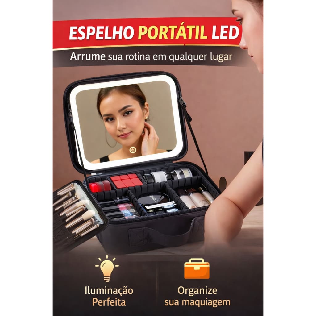 Necessaire Portatil Com Alca Espelho Led Grande Capacidade Organizadora Maquiagem Cosméticos Viagem