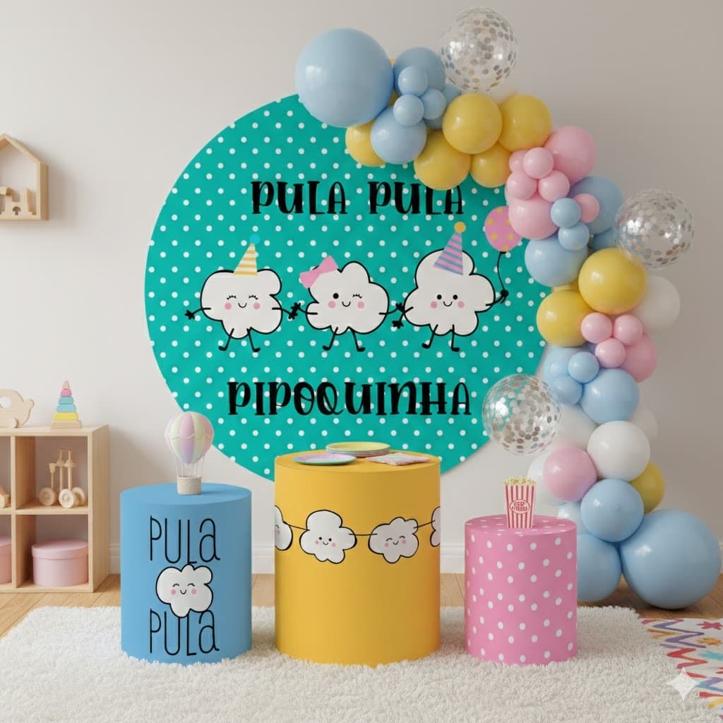 Kit Decorativo infantil com Painel Colorido e Cenário Completo Ideal para festas tema pula pipoquinh