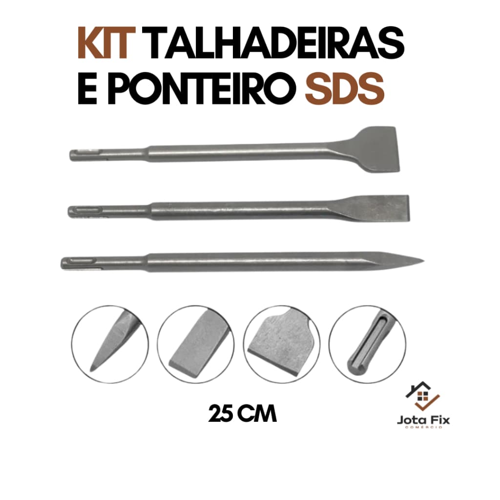 Kit Talhadeiras SDS e Ponteiro Grande SDS Plus para Martelete Kit com 3 Talhadeira Grande