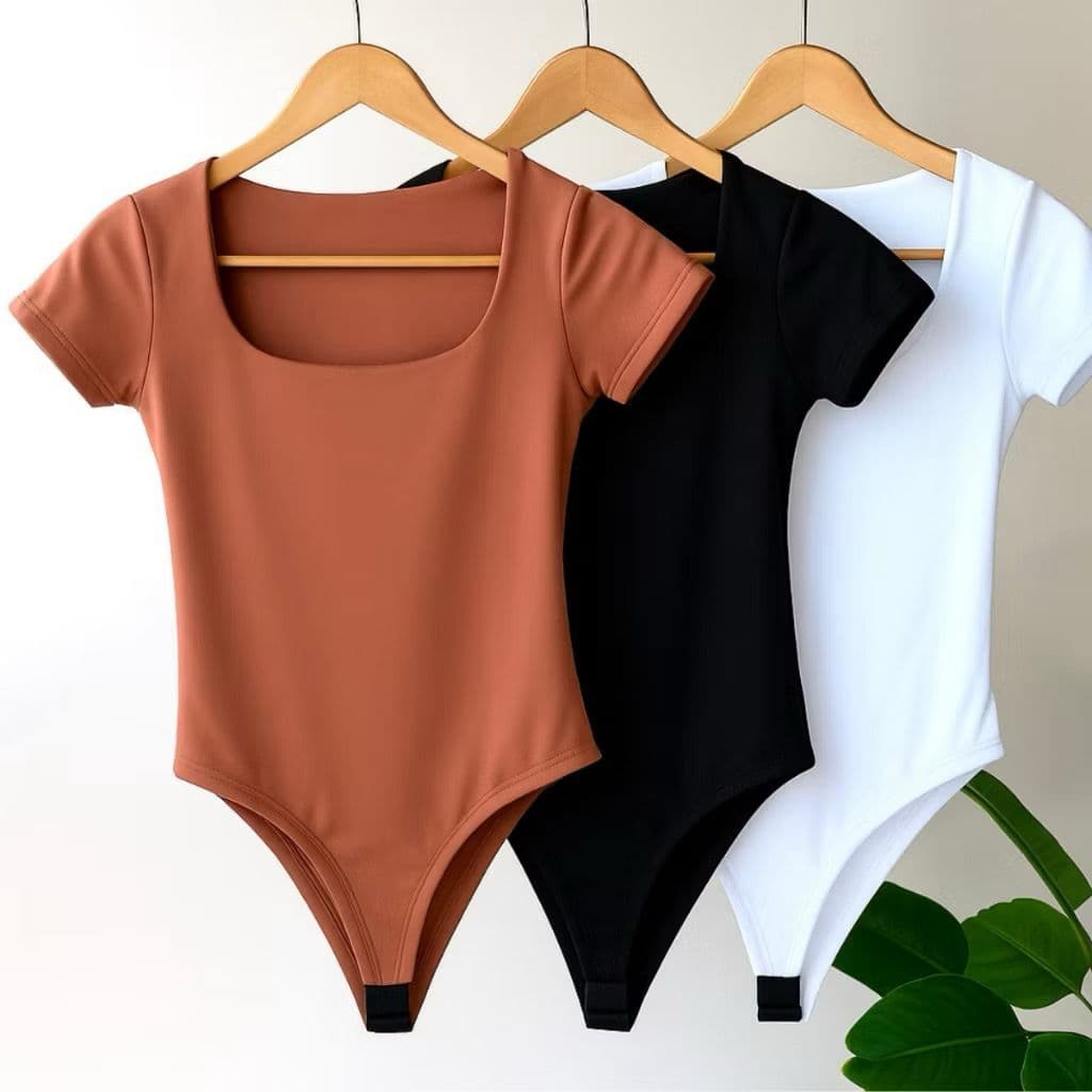 KIT 3 MANGA Decote  Body Feminino Suplex Manga Curta Decote Quadrado Manguinha Decotado Forro Duplo Tecido Premium