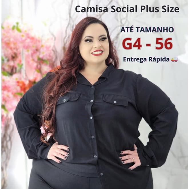 Camisa Social Feminina Plus Size Manga Longa G1 G2 G3 G4 Tecido Leve