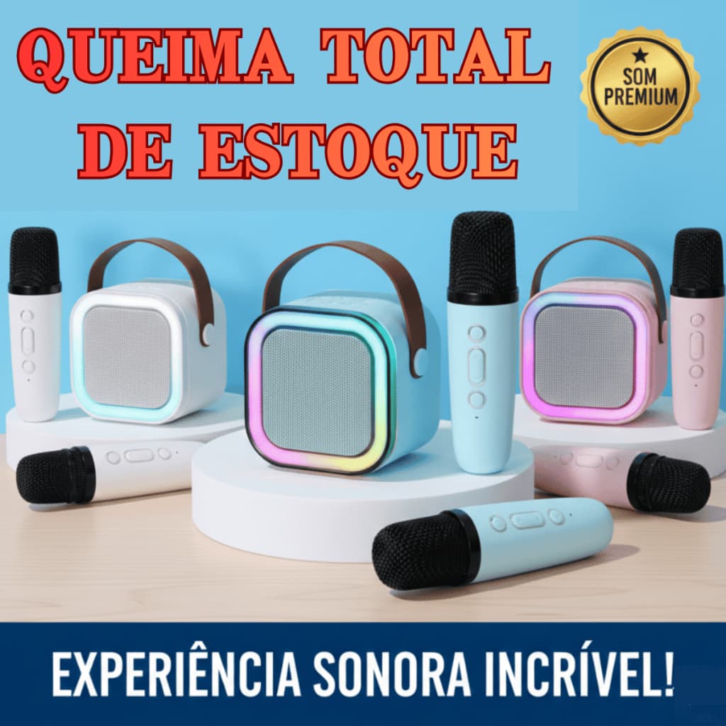 Caixa de Som Karaokê Portátil com 2 Microfones Luz LED RGB Bateria Recarregável e Kit Festa Completo