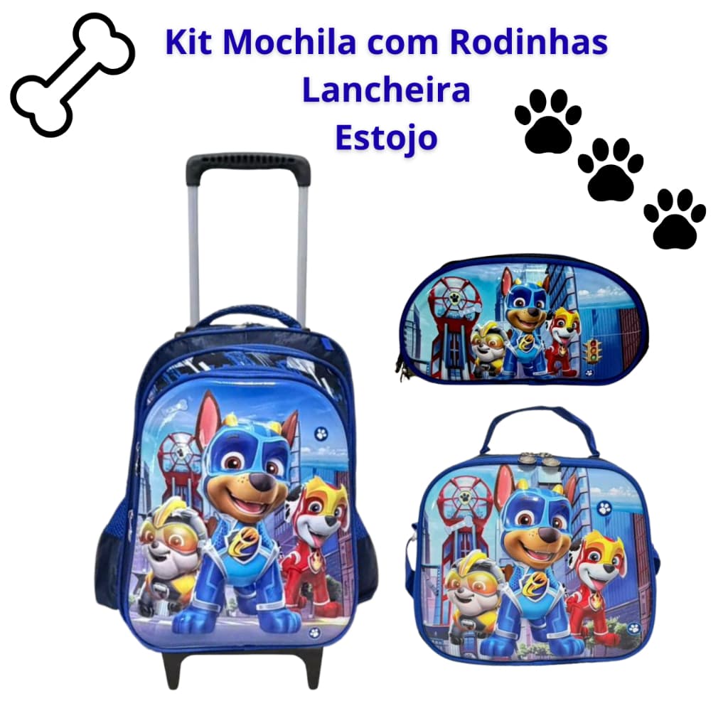 Kit Mochila Escolar 3D Com Rodinhas Patrulha Canina Menino Reforçada Infantil Com Lancheira Térmica + Estojo