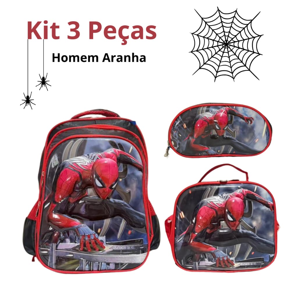 Kit Mochila Escolar 3D Homem Aranha Menino Infantil Reforçada + Lancheira Térmica + Estojo