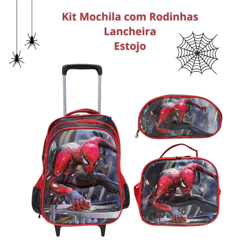 Kit Mochila Escolar 3D Com Rodinhas Homem Aranha Menino Reforçada + Lancheira Térmica + Estojo
