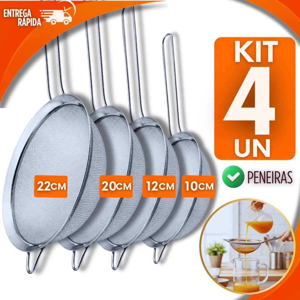 Kit 4 Peneira Coador Manual Em Aço Inox Para Cozinha Restaurante Bares 22cm 20cm 12cm 10cm peneiras
