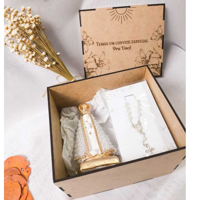 Kit Convite para Padrinhos de Batismo ou Consagração com Nossa Senhora em Pérolas e Mini Terço