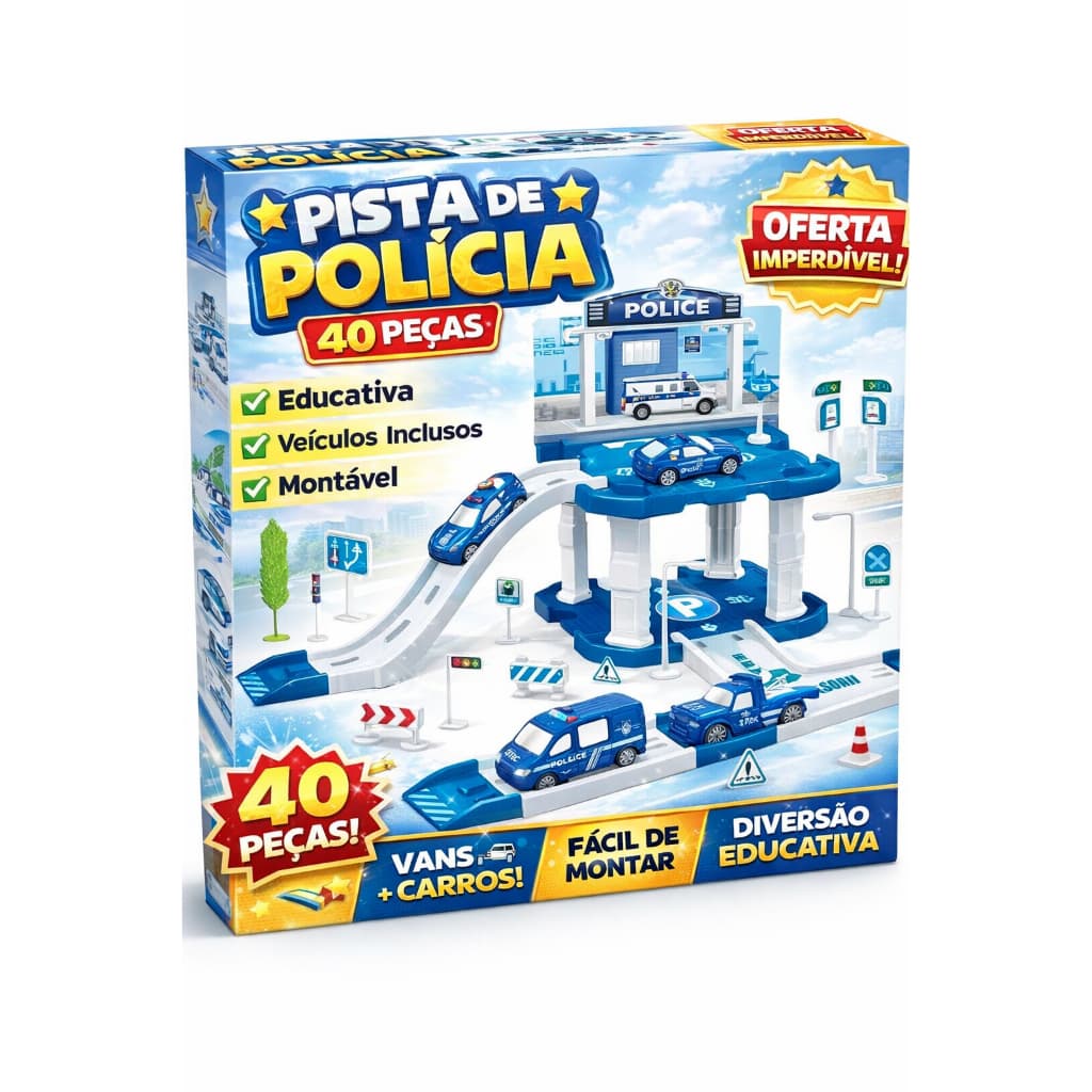 Pista Brinquedo Infantil Veiculos Policiais 40 Pecas Montavel Educativo