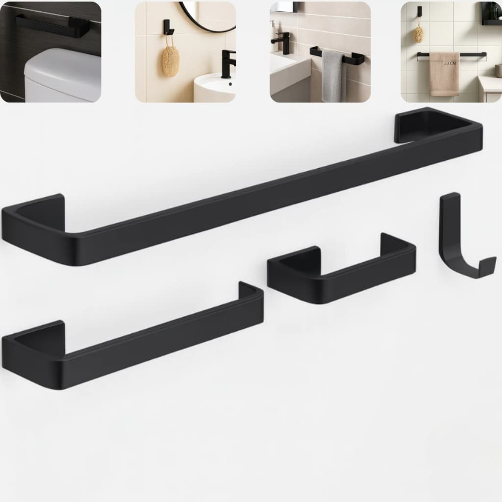 Kit Acessórios Para Banheiro 04 Peças Inox Quadrado Conjunto Completo Preto Fosco Luxo