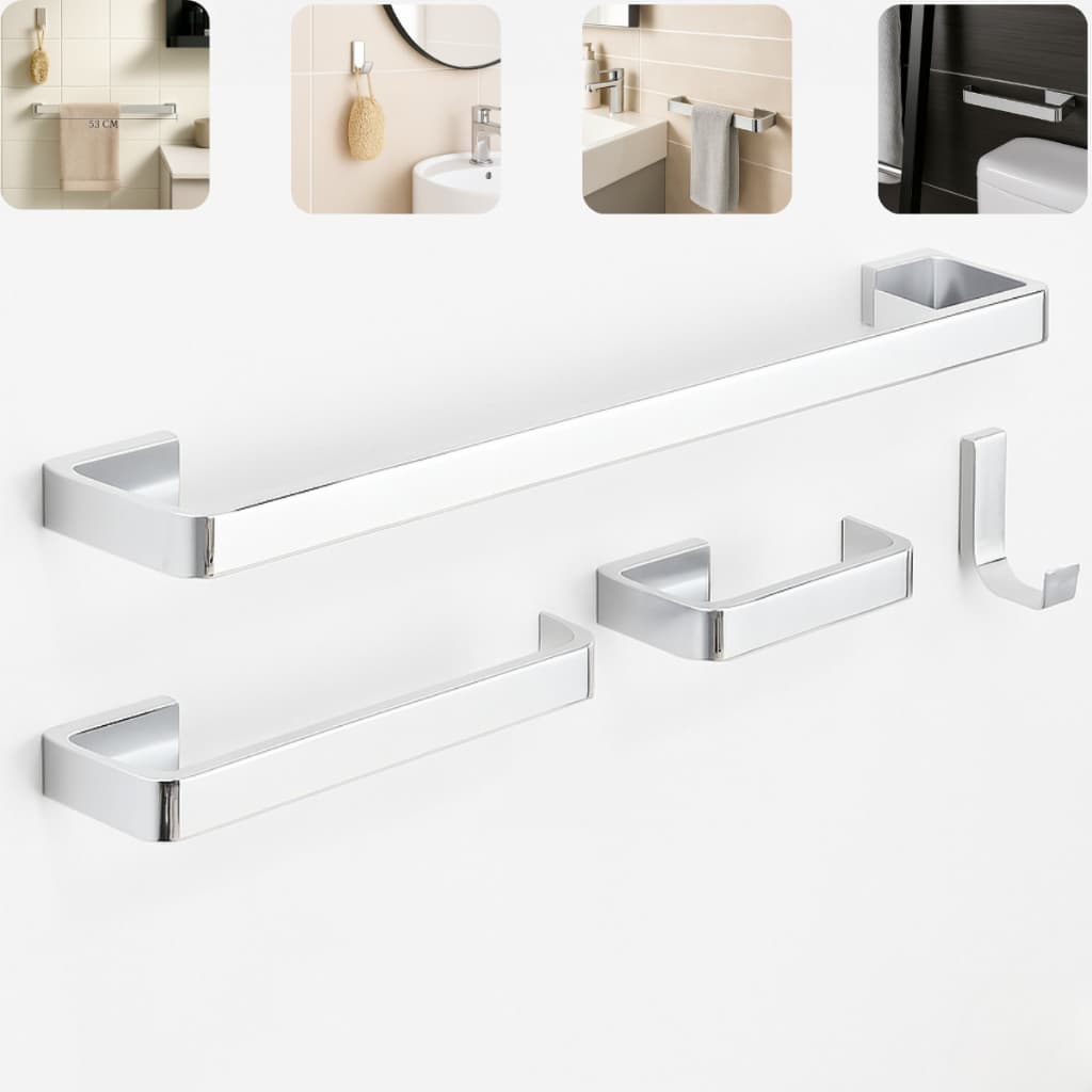 Kit Acessórios Para Banheiro 04 Peças Inox Quadrado Conjunto Completo Cromado Luxo