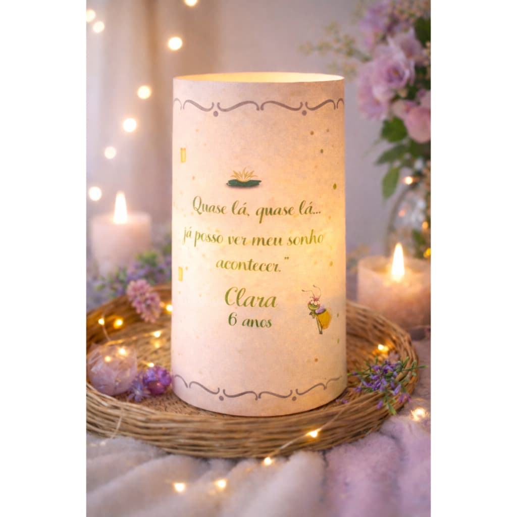 Kit 20 Lanternas Cilindro Princesa e o Sapo, Tiana Decorativa para Vela Led + Frase + Idade +Nome
