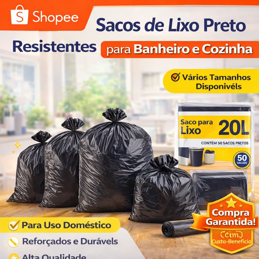 Sacos de Lixo Preto Reforçado Uso Doméstico Uso Diário, Banheiro, Cozinha – Ótimo Custo-Benefício