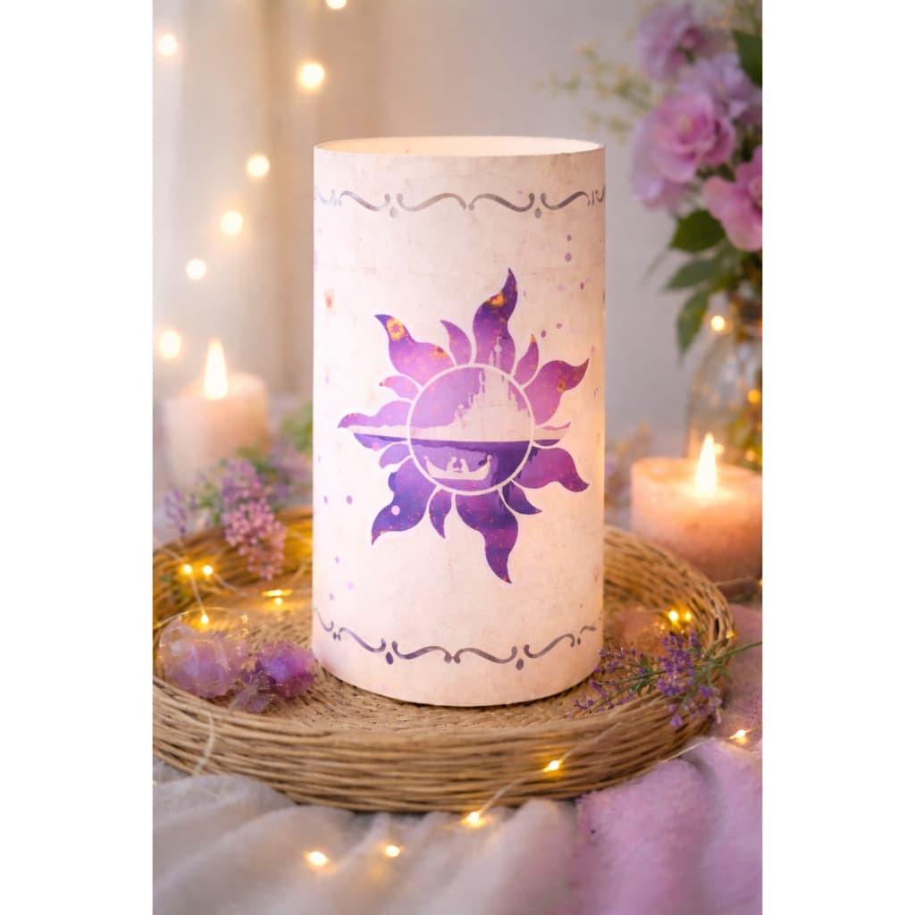 Kit 20 Lanternas Cilindro Rapunzel Enrolados Sol Roxo Decorativa para Vela Led + Brinde Bandeirolas