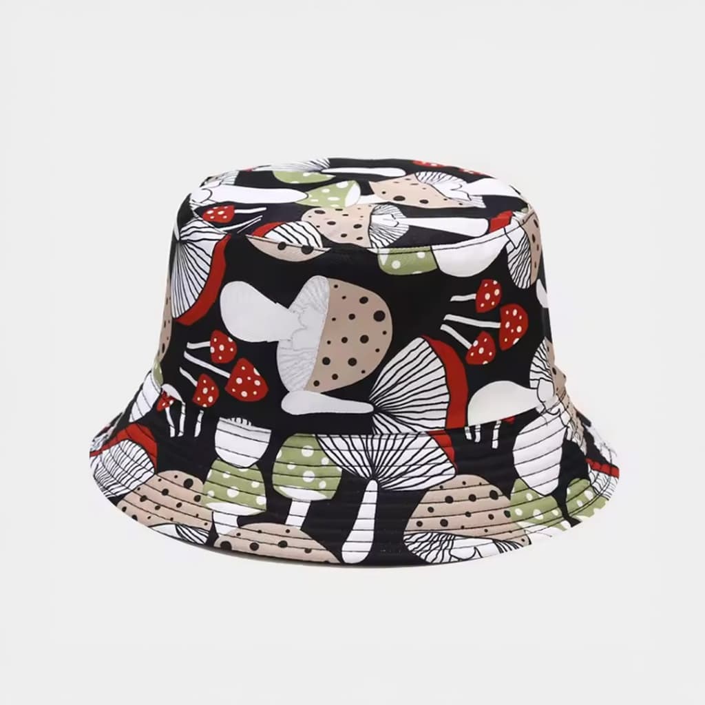 Chapéu Black Fungus Bucket Hat Cogumelos Estampado Preto