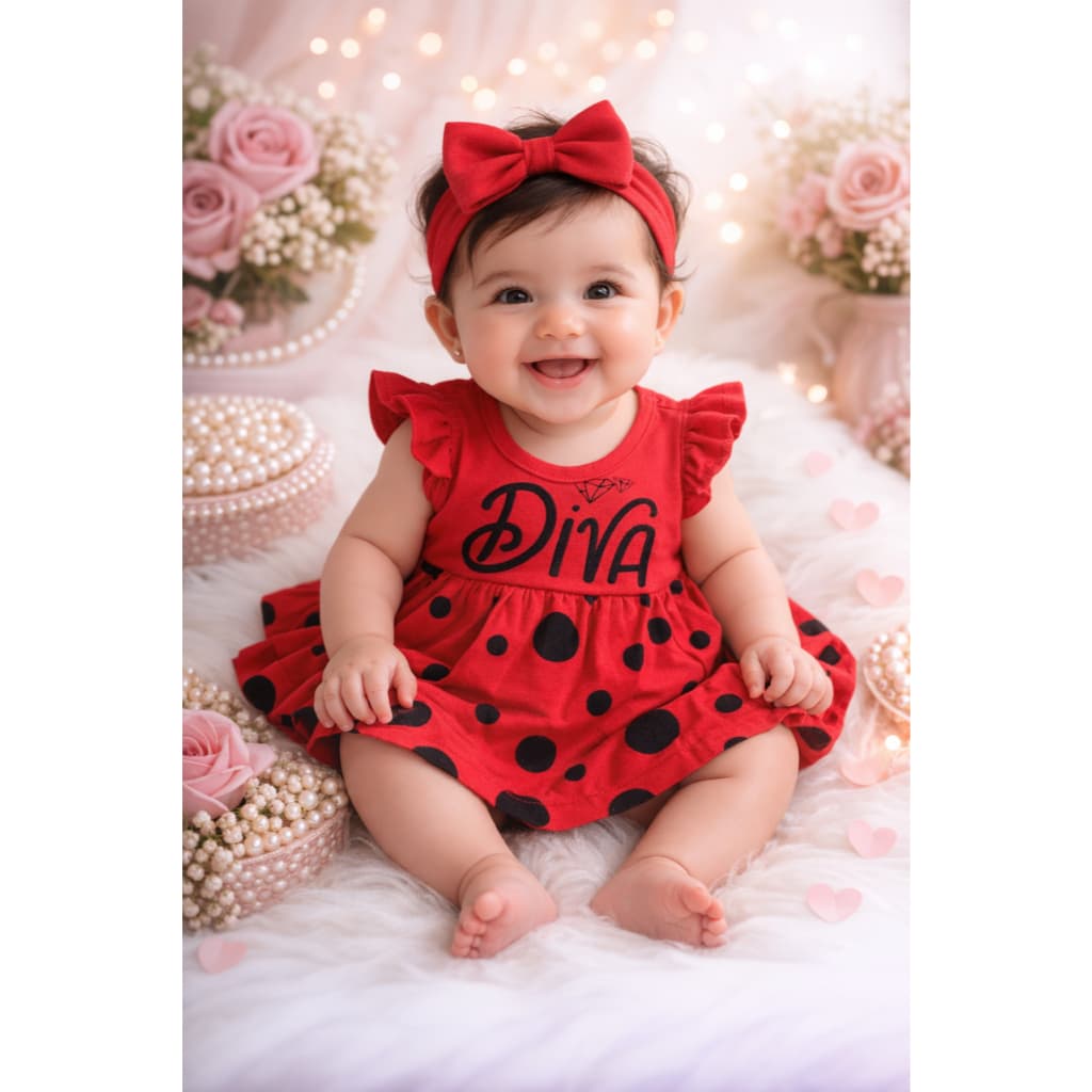 Vestido Temático Diva para Bebê Menina | Look Mesversário com Calcinha – Confortável e Charmoso