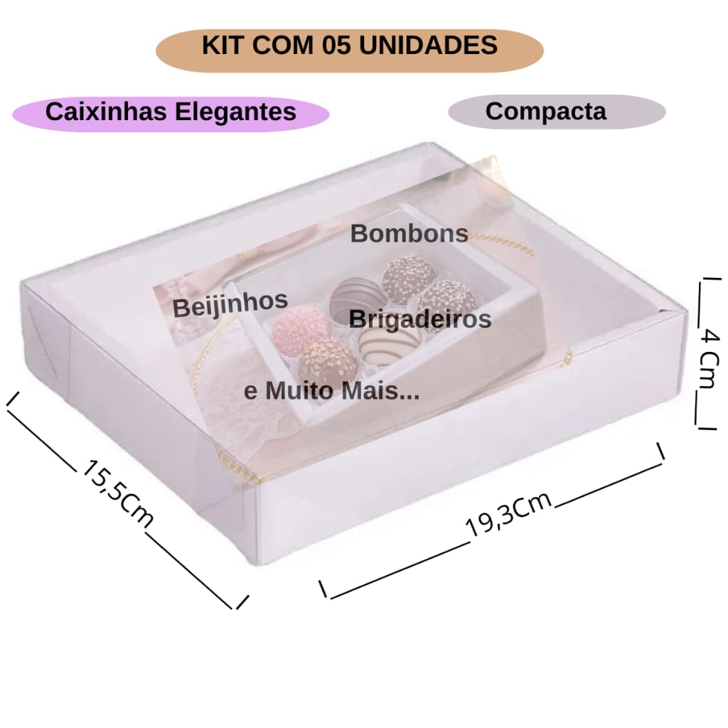 Kit com 05 Unid de Caixas 19,3x15,5x4  para Bombons Brigadeiro e Doces Artesanais Moldura em Acetato