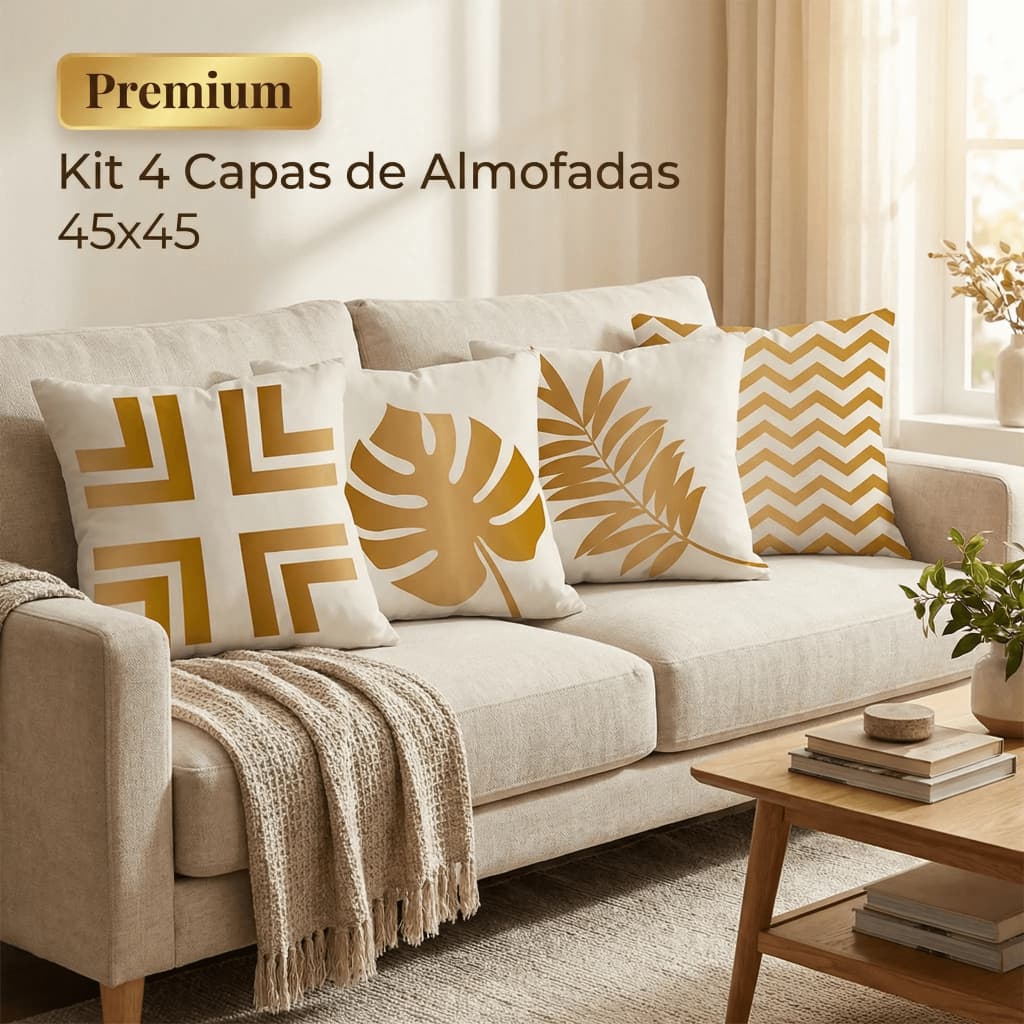 KIT 04 CAPAS DE ALMOFADA 45X45 MODERNAS COSTELA DE ADÃO DOURADA