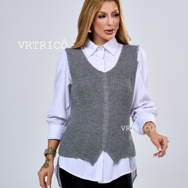 Colete Tricô  Feminino Inverno Lã Casual Com Detalhe Fenda Blusa de Frio Fashion Escritório Chique
