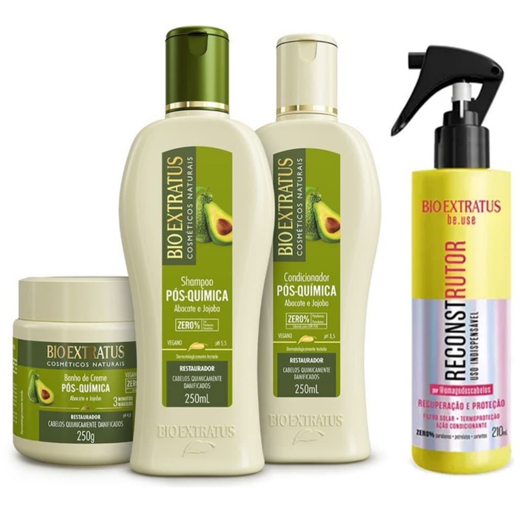 kIT PÓS QUÍMICA + BE.USE RECONSTRUTOR 210ml BIO EXTRATUS: SH 250ml+COND 250ml + BANHO 250g
