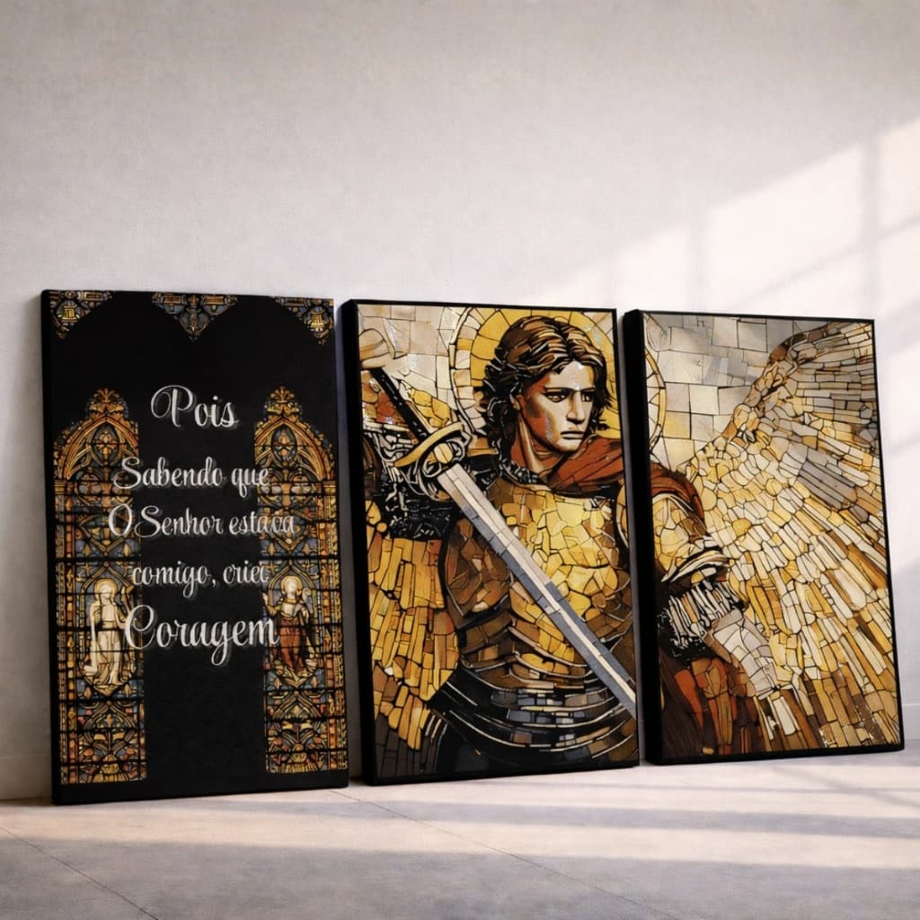Quadro Parede Decorativo São Miguel Arcanjo Anjo de Deus Bíblia Religioso Kit 3 peças Sala Quarto