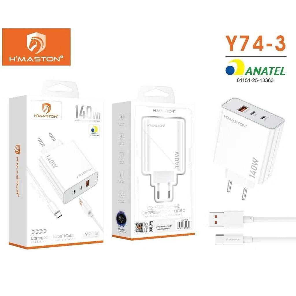 Carregador H’maston Turbo Y74-3 140W 3 Portas Inteligentes + Cabo USB-C 1 metro