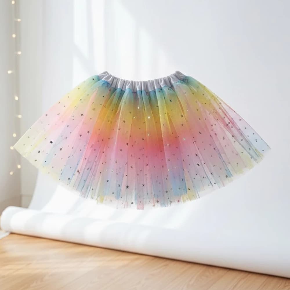 Saia de Tule para Festa Fantasia Eventos de Carnaval 40cm Arco-íris Com Brilho Super Leve Durável