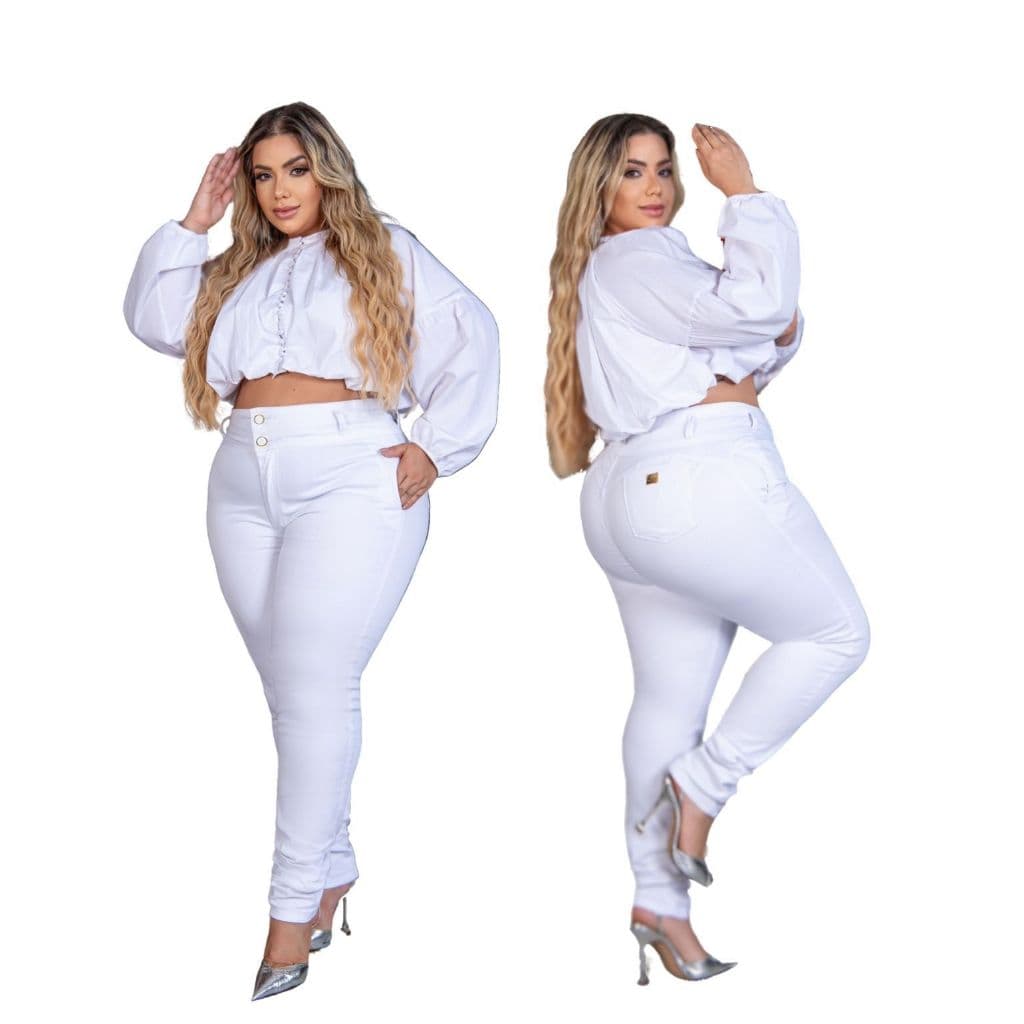 Calça Branca Jeans Feminina Plus size Cós Alto C/ Elástico Skinny
